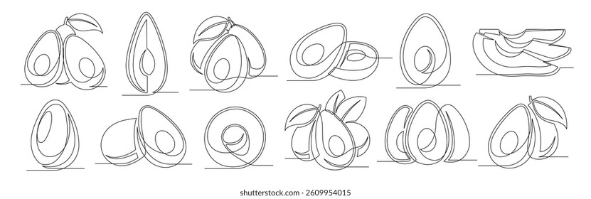 Avocado continuous one line drawing set isolated on a white background. Outline avocado fruit icon collections. Vector illustration