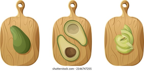 Avocado cooking process on wooden cutting board, vector illustration for menu, restaurant, recipe. The concept of a healthy lifestyle, proper nutrition, natural products