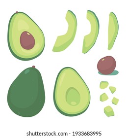 Avocado cooking set on white background. Slices, slices, whole fruit. Vector food healthy illustration