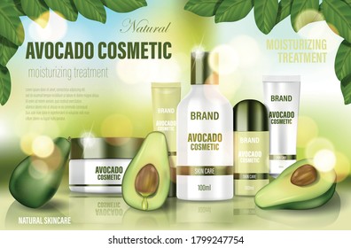 Avocado cosmetic poster ad. Realistic face cream, body wash, lotion, deodorant with green Avocado and tree leaves. Natural cosmetic bottle template. 3d illustration.