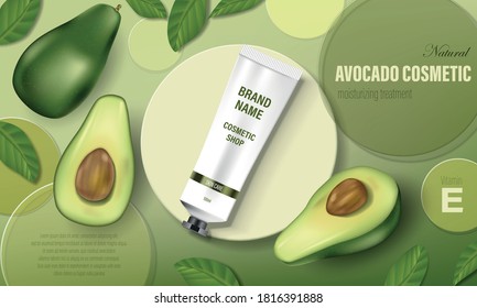 Avocado cosmetic poster ad. Realistic hand cream with green avocado and tree leaves, circular disks and realistic tube. Cosmetic bottle template. Realistic 3d illustration