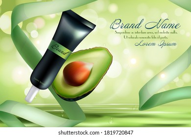 Avocado cosmetics vector illustration. Organic realistic product bottle with label for beauty face skin care and cut in half green avocado fruit, natural eco cosmetology design advertising background