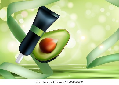 Avocado cosmetics vector illustration. Organic realistic product bottle with label for beauty face skin care and cut in half green avocado fruit, natural eco cosmetology design advertising background
