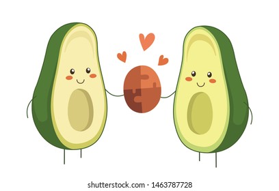 Avocado couple in love  Two avocado halves holding two pieces jigsaw connecting couple puzzle  Valentine Day vector cartoon fruit character and hearts isolated white background  Kawaii style