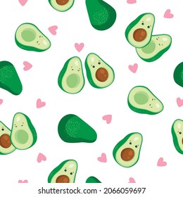 Avocado couple on white background. Seamless hand draw pattern with hearts and avocados. Perfect for textile, print, banners, vegan products packaging.