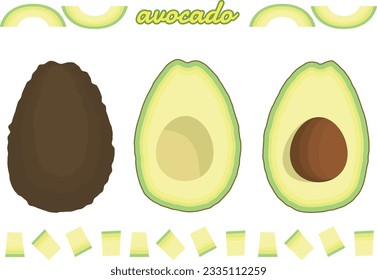 Avocado cross-section and sliced illustration set