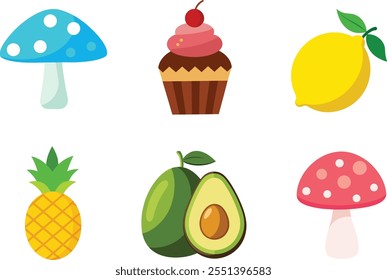 avocado, Cupcake with cream and cherry, Blueor pink agaric mushroom,lemon, pineapple Vector illustration in flat style.