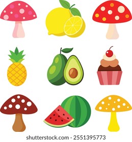 avocado, cupcake, lemon, brown,yellow, red,or pink agaric mushroom, watermelon , and pineapple Vector illustration in flat style.