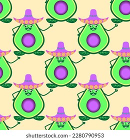 avocado in the cut. a cheerful mustachioed Mexican man in a sombrero on a beige background. ripe fruit. bright colorful stylized poster. seamless pattern. cover. children's print.