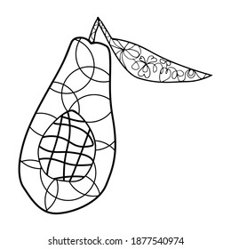 ein Avocado, der in der Mitte mit Dodle-Ornamenten auf weißem Hintergrund geschnitten ist