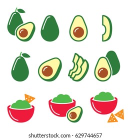 Avocado cut in half, fruit, guacamole with nachos icons set 