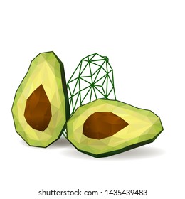 Avocado cut in half.  Polygonal fruit - avocado. Avocado isolated. Low poly style. 