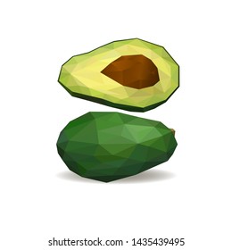 Avocado cut in half.  Polygonal fruit - avocado. Avocado isolated. Low poly style. 