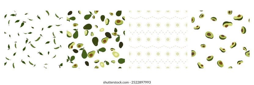 Aguacate cortado por la mitad al azar colocado, follaje y línea punteada, zigzag sin patrón sin fin