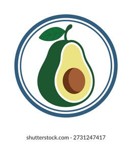 Avocado in zwei Hälften geschnitten mit Samen und Blatt in blauem Kreis Symbol