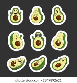 Avocado cute cartoon character. Sticker Bookmark. Fruit funny different poses.Vector drawing. Collection of design elements.