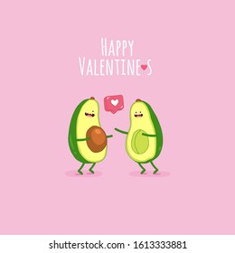 Avocado cute couples Happy Valentine day isolated on pink background. Use for card, poster, banner, web design and print on t-shirt.