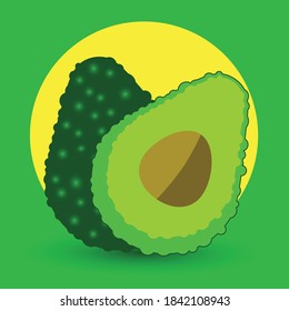 Avocado.  Cute image of an avocado on a green background with a yellow circle of the sun