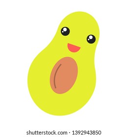 Avocado cute kawaii flat design long shadow character. Happy fruit with smiling baby face. Funny emoji, emoticon, smile. Vector isolated silhouette illustration