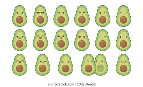 Avocado cute kawaii mascot. Set kawaii food faces expressions smile emoticons. 
