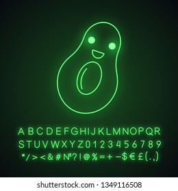 Avocado cute kawaii neon light character. Fruit with smiling face. Happy food. Funny emoji, emoticon, smile. Glowing icon with alphabet, numbers, symbols. Vector isolated illustration