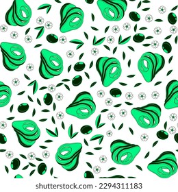 Avocado cutting fruit seamless pattern with leaves and flowers. Avocado wedges and slices, halved and thinly sliced. Vector ornament for design of posters and printing on fabrics