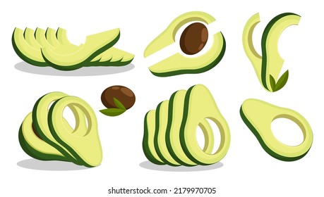 Juego de corte de aguacate. Cubiertas y rodajas de aguacate, a la mitad y en rodajas delgadas para ensaladas y tentempiés. Vector plano de caricatura aislado en fondo blanco