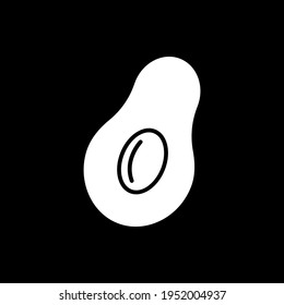 Avocado dark mode glyph icon. Healthy eating and nourishment. Cut fruit for cooking, recipe ingredient. Nutrient dietary. White silhouette symbol on black space. Vector isolated illustration