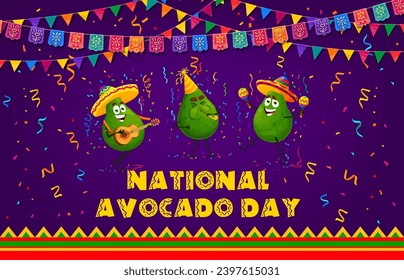 Avocado Day banner. Cartoon green avocado characters on holiday party with vector mexican sombreros, guitar and maracas, papel picado flag garlands and confetti. Cute green fruits personages