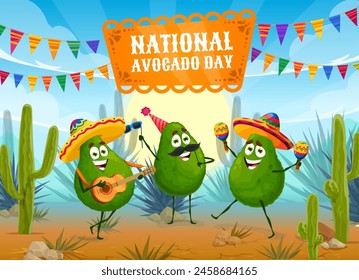 Avocado day banner. Funny cartoon characters dancing in Mexican desert, decorated with flag garlands. Avocado mariachi musical band in sombrero and party hat playing maracas and guitar amidst cacti