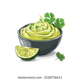 Avocado Dip, Ilustração Vetorial no Fundo Branco, Design Plano, Minimalismo, Cores de Desenho Animado com Limão e Guarnição de Cilantro