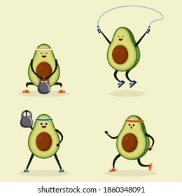 Aguacate haciendo deporte. Un juego de ilustraciones de personajes de aguacate con dibujos animados. Divertido aguacate trotando y levantando campanas, haciendo yoga y meditando.