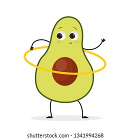 Avocado doing sport exercise using hoop. Funny fruit or vegetable. Healthy and active lifestyle. Isolated vector illustration in cartoon style