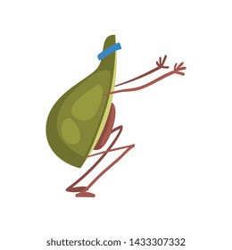 Avocado Doing Squats, Funny Exotic Fruit Athlete Cartoon Character Doing Sports Vector Illustration