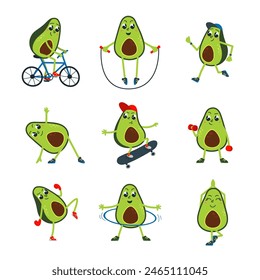 Avocado doing training. Cute avocados with sport tool, workout or exercises. Healthy food, cartoon superfood for vegan nutrition, classy vector set