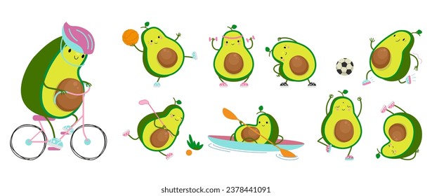 Avocado doing yoga and fitness training. Isolated avocados cartoon characters, play basketball, football and golf. Active lifestyle nowaday vector clipart