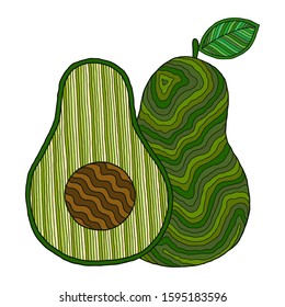 Avocado. Doodle detailed illustration. Isolated. For greeting cards, printing on t-shirts.