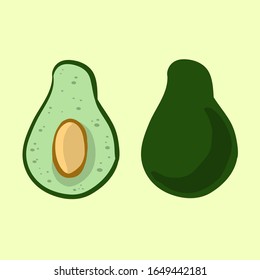 Avocado Doodles Vector Illustration Set. Whole Avocado And Cut Sin Half Vegetable Isolated On Green Background. Stock Vegetarian Illustratoon