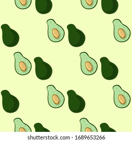 Avocado doodles vector seamles border pattern. Cut in half avocado vegetable on green background. Stock vegan vector wallpaper tile