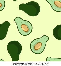Avocado doodles vector seamless pattern. Whole avocado and cut half vegetable on green background. Stock vegan vector wallpaper tile
