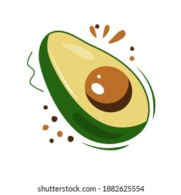 AVOCADO drawing. Fruit icon isolated on white background. Healthy food, tropical fruit. Half an avocado. Flat, cartoon vector illustration.