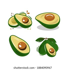 AVOCADO drawing. Fruit icon isolated on white background. Half avocado. Ripe avocado slices with leaf. 
Healthy food, tropical fruit. Flat cartoon vector Illustration.