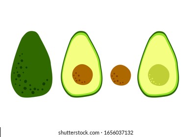 Avocado drawing. Vector background. Fruit icon isolated. Whole, half cut and seed. Tropical food for healthy eating and keto diet. Flat cartoon Illustration. 