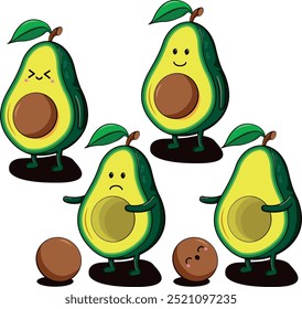 Avocado dropping seed. Collection of avocados personifying actions or activities of daily life, vector illustrations.