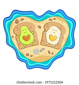 Avocado and egg on bread toast lie on a heart shaped island. Vector illustration isolated on white background.