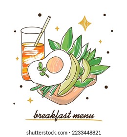 Avocado and egg sandwich decorated with herbs, breakfast menu, colorful doodle style illustration svg