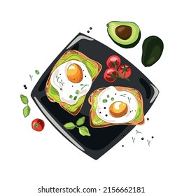 Avocado Egg Sandwich With Whole Grain Bread On Plate Top View,vector Food Illustration Isolated On White Background.Healthy Breakfast Or Snack Toast With Fried Egg Drawing In Cartoon Realistic Style.