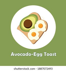 Avocado Ei Toast auf dem weißen Teller. Ein halber Avocado und zwei frittierte Eier (sonnige Seite oben) auf dem Brot. Grüner Hintergrund. Trendy und gesundes Frühstückskonzept, Vektorgrafik. 