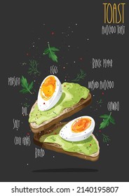 Aguacate y tostadas de huevo. Ilustración del vector