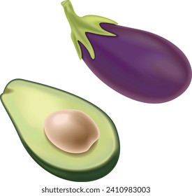 avocado and eggplant 3D. Icons 3d realistic render vector object. food, vegetable, healthy, eggplant, avocado, green, fresh, vegetarian